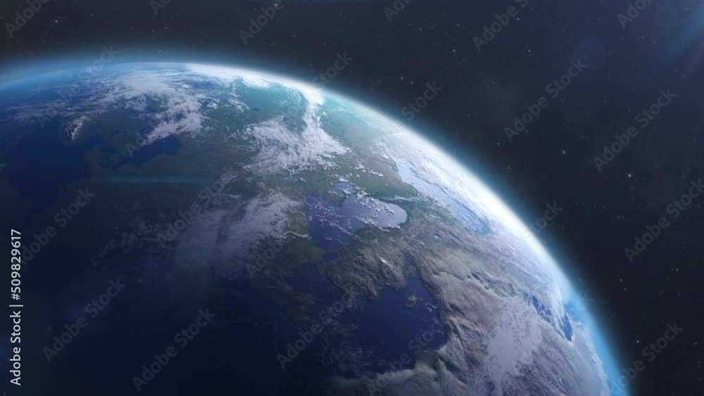 Wall mural sunrise over planet earth, cinematic view of part of the globe taken from space with the camera zoom