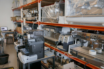 Warehouse with coffee machines ready to work