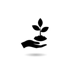 Hand carrying plant seed best for planting logo with shadow
