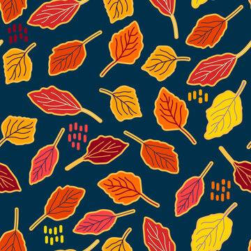 Autumn leaf fall. Seamless vector pattern. Bright leaves in shades of yellow, red, orange on a dark background. Flat style design for fabrics, scrapbooking, wrapping paper, backgrounds, wallpaper © Irina