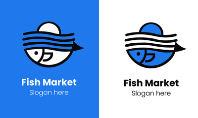 Fish Market Logo design inspiration isolated on white and blue background vector