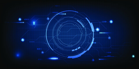 Obraz premium Vector illustrations of hi-tech screen or monitoring with circle HUD and digital grid line circuit for advertising and game graphic artwork.Future technology design concepts.