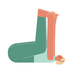 Vector isolated concept with flat female character. Strong woman learns Core posture Ananda Balasana at yoga class. Fitness exercise - Happy Baby Pose