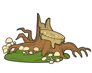 Old low stump with toadstools and moss color variation for coloring page isolated on white background