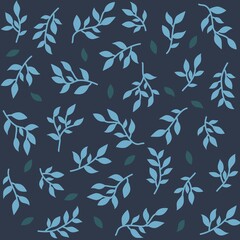 Seamless pattern with Isolated leaves and branches. Light and dark blue foliage on blue background.