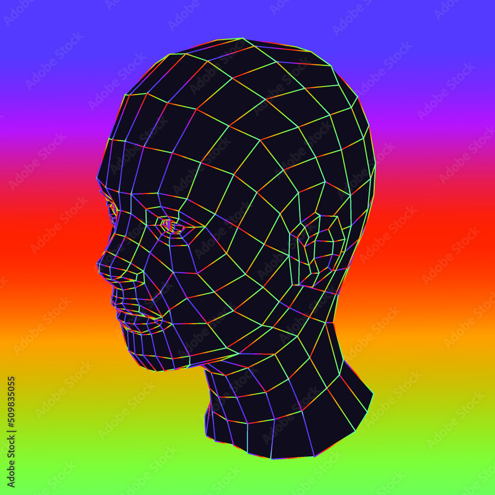 Poster abstract geometric composition with 3d polygonal model of a human head. sci-fi futuristic vector ill