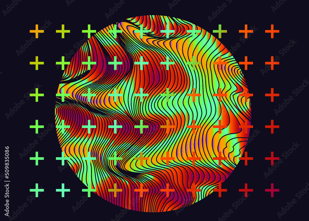 Poster glitched and distorted sphere in holographic colors. trendy logotype template.