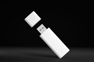 3D illustration. White pendrive isolated on black background