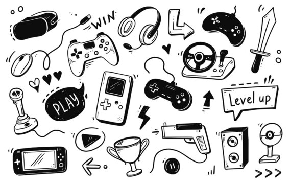 Video game hand drawn doodle set. Video gamer console, joystick, controller element. Computer retro, arcade play background. Vector illustration.