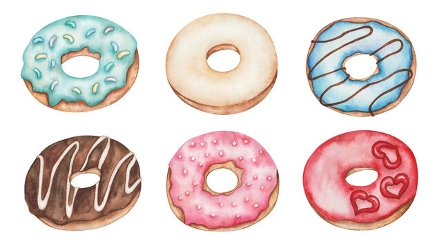 Watercolor illustration of hand painted colorful donuts with icing, sprinkles, chocolate. Sweet food pastry. Dessert doughnut for cafe, restaurant. Isolated clip art for packaging, menu, advertisement