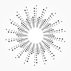 Radial halftone dots in Circle Form. Dotted fireworks Explosion background. Vector Illustration. Circular Design element. Halftone design element.
