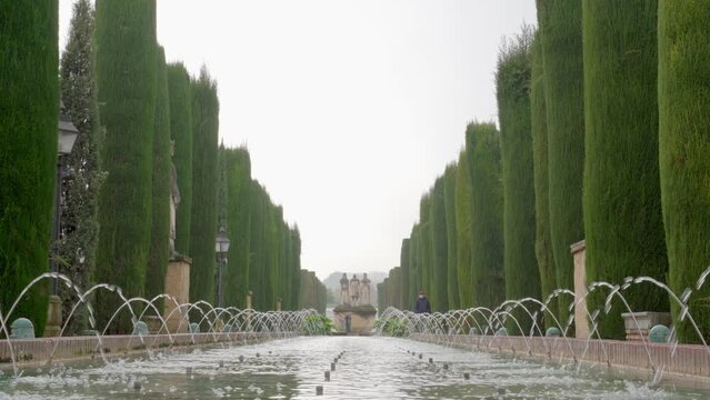Castle of the Christian Monarchs Garden Fountain on Cloudy Day