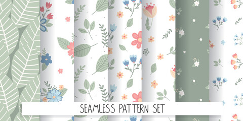 Set of seamless patterns in pastel colors with simple flowers in rustic childish style. Suitable for kids design and textiles.