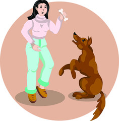 Illustration for advertising dog sitter, dog trainer, cynologist. Bright vector illustration, suitable for book children's illustration, color picture. 