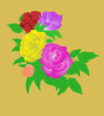 bouquet of flowers with red and pink rose ,marigold flowers and a orange tulip with bright background of sandalwood colour.