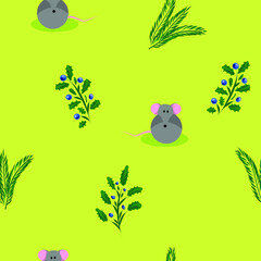 Pattern on a green background with a cute round mouse, berries and plants. A simple image for the design of children's products and printing on fabric.