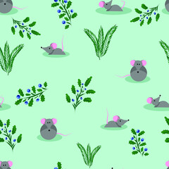 Cute pattern for children's things with mice on a turquoise background and different plants. A simple print especially for children's clothes, pictures, books and things. Perfect for notepads and note