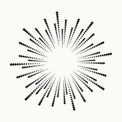 Radial halftone dots in Circle Form. Dotted fireworks explosion background. Starburst round Logo. Circular Design element. Abstract Geometric star rays.