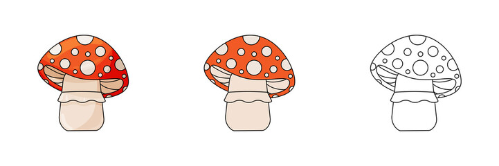 A set of cute fly agarics. Funny fabulous mushrooms. Children's flat vector illustration on a white background