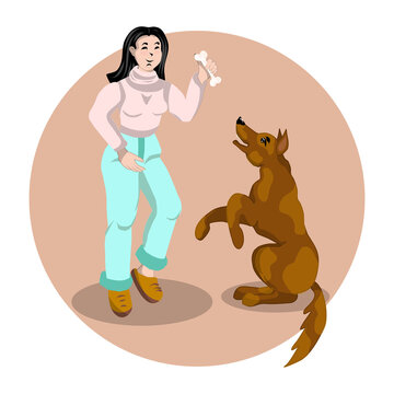 Illustration for advertising dog sitter, dog trainer, cynologist. Bright vector illustration, suitable for book children's illustration, color picture. 