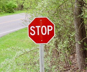 A close view of the red stop sign at the intersection.