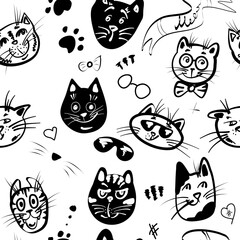 Fototapeta na wymiar Cute endless pattern with cool, funny cats and decorative elements. Black and white simple printable pattern.