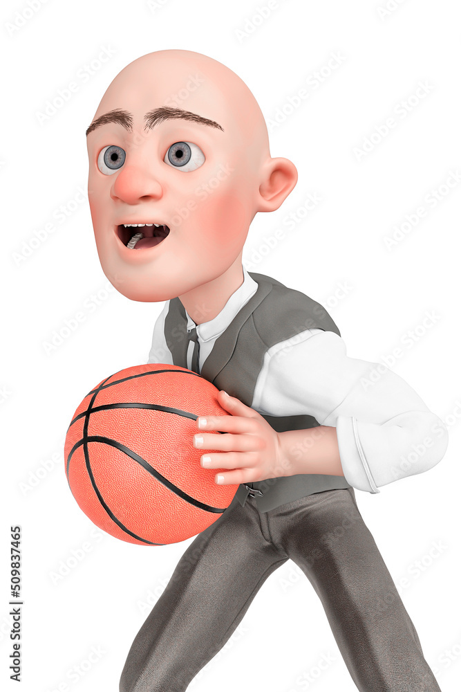 Poster bald businessman is playing basketball and ready to pass the ball