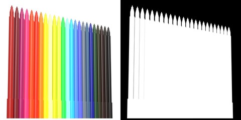 3D rendering illustration of a set of coloured marker pens
