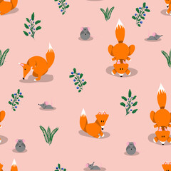 Cute naive pattern with foxes and mice. Great print for kids clothes, books and items. Foxes on a pink background with small mice and plants. 