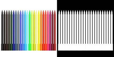 3D rendering illustration of a set of coloured marker pens