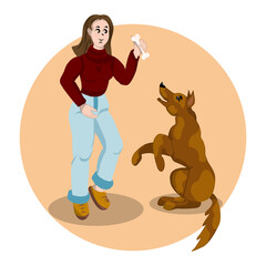 Girl with a dog. Funny, kind illustration for advertising a dog sitter or service for animals. A dog on its hind legs looking at a bone. Suitable for children's illustration. 