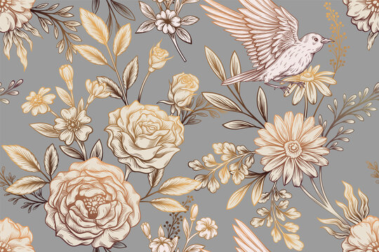 Luxury ornate pattern. Beautiful seamless pattern with golden roses, blooming garden plants, leaves and bird. Design element for textiles, packaging or wallpaper. Vintage elegant vector illustration