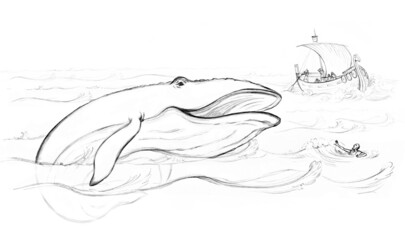 Obraz premium Man swims through the waves of the storm. Vector drawing