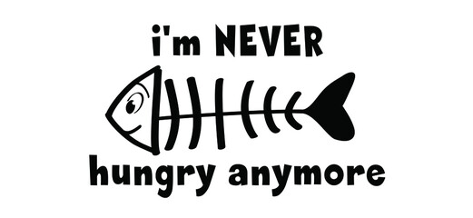 i'm never or not hungry anymore. Dead, fish skeleton bone icon or logo. Fish line pattern. Fishing, swims underwater. Fshbone withe face print. Sea, water animals.