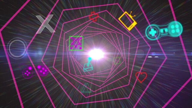 Animation of diverse gamins neon gadgets moving over digital space