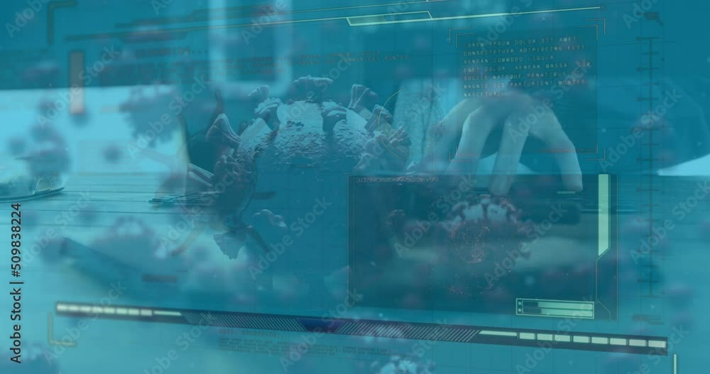 Poster animation of data processing and virus cells over caucasian businessman using computer