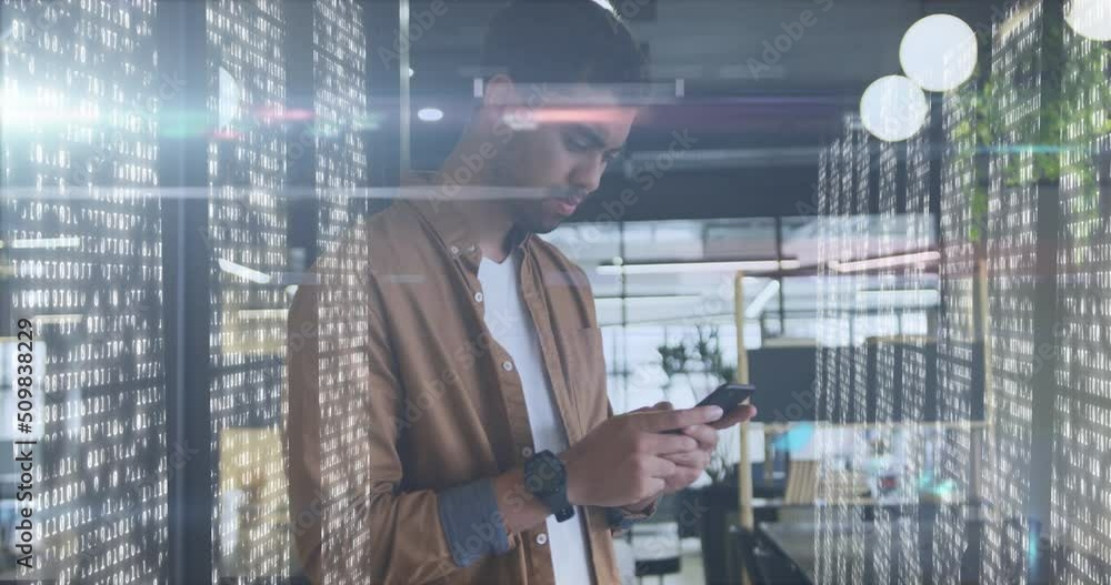 Poster Animation of biracial businessman using smartphone over data processing