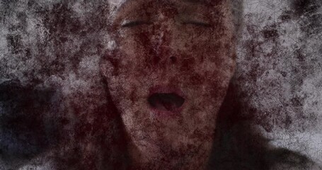 Grunge textured effect overlay against close up of caucasian senior woman sneezing - Powered by Adobe