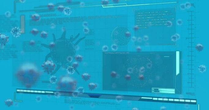 Animation of data processing and virus cells on blue background