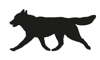 Black dog silhouette. Running siberian husky puppy. Pet animals. Isolated on a white background.