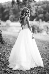 Black and white portrait of beautiful bride for a walk in the park.  Wedding day. Marriage. Fashion bride.
