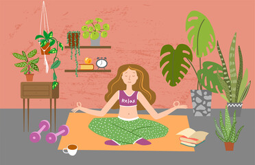 Obraz na płótnie Canvas Girl do yoga at home with plants. Houseplants vector illustrations. Urban jungls. Plants are friends.