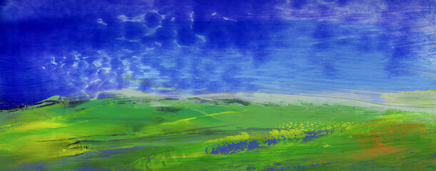 Abstract hand painted landscape. Summer field. Bright colours. Versatile artistic image for creative design projects: posters, banners, cards, websites, prints, wallpapers. Acrylic on board.