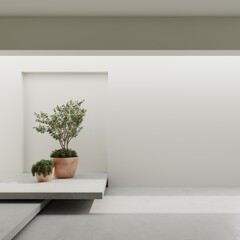 Empty wall mockup in bright minimalist living room architectural space interior 3d rendering with greenery