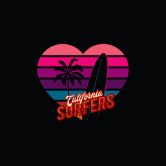 Original vector illustration. Palm trees and surfing on the background of a retro sunset in the shape of a heart in the style of the 80s. T-shirt design, design element.