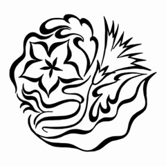 Abstract floral ornament, botanical pattern, black and white drawing with curls, flower, decorative element, print, tattoo, tracery isolated on white background. Floral logo vector illustration.