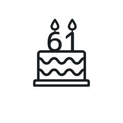 Birthday cake line icon with candle number 61 (sixty-one). Vector.