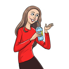 A girl drinks a plastic cup drink.
