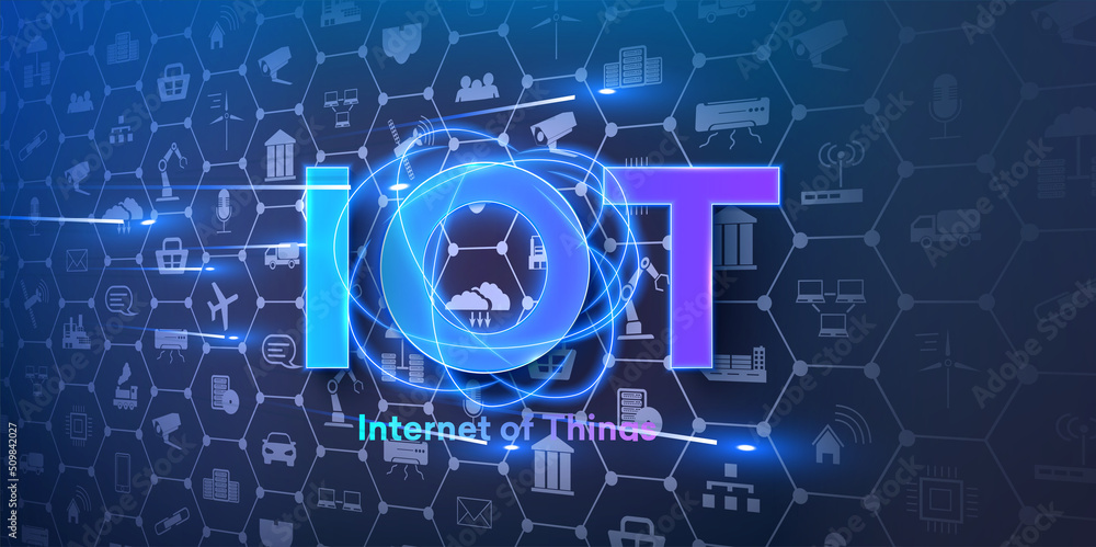 Aufkleber IOT concept of connecting devices all over the world, by wireless path, modern data transmission technology. Modern banner, poster, IOT brochure. Web, a network connecting devices on the Internet.