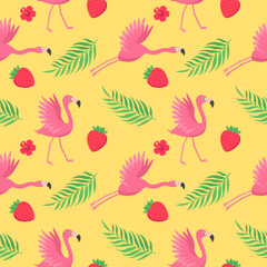 Pink flamingos bird pattern with tropical leaves and strawberries
